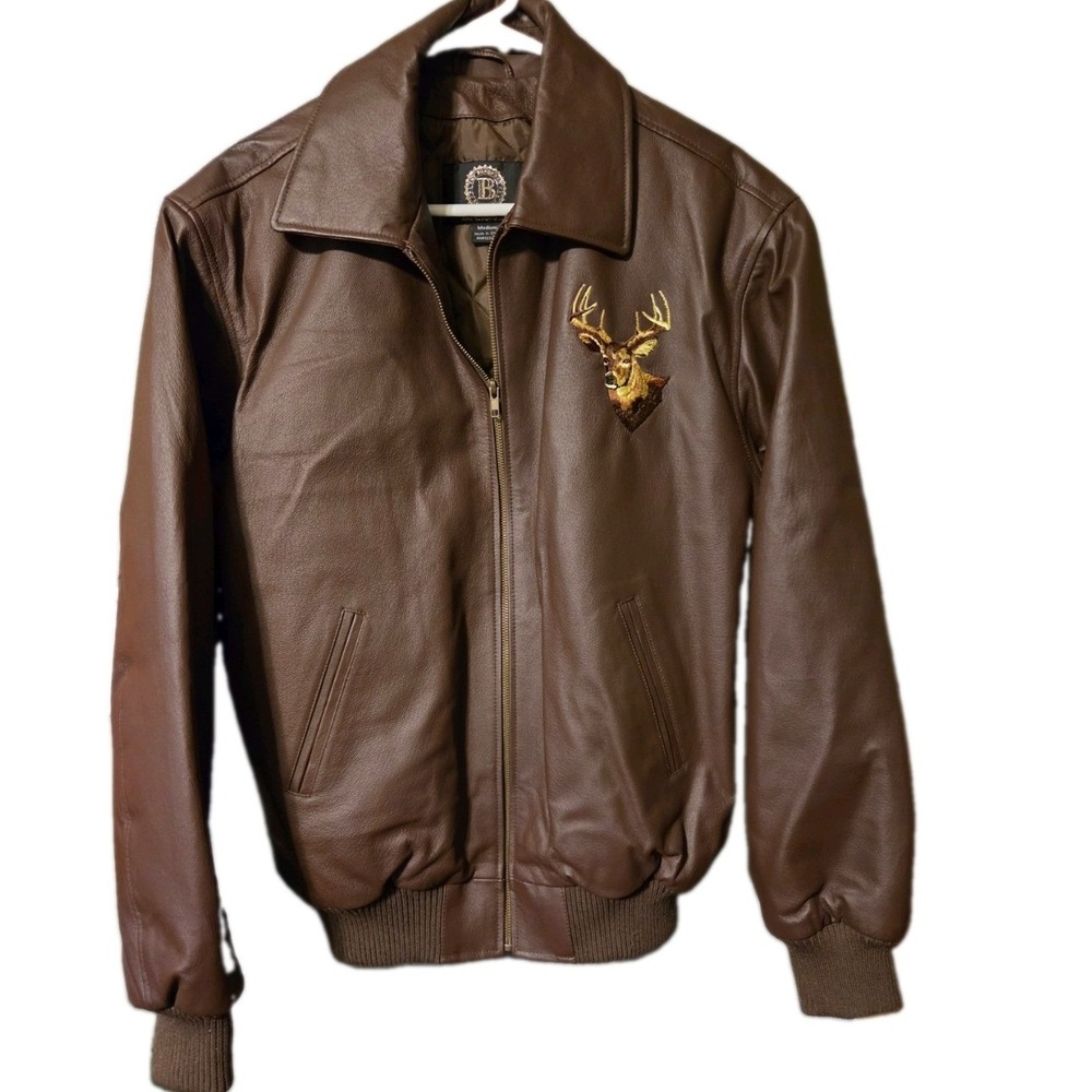 Mens Brown Leather Bomber Jacket Embroidered Deer Scene Quilted Lining Medium